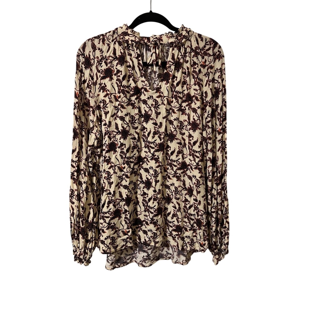 Ruby Ribbon Women's Long Sleeve Cream Maroon Blouse Size L Tie Neck Rayon Boho